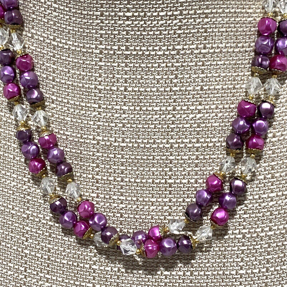 Double strand beaded necklace purples & pink clear faceted beads retro romantic - Picture 3 of 4